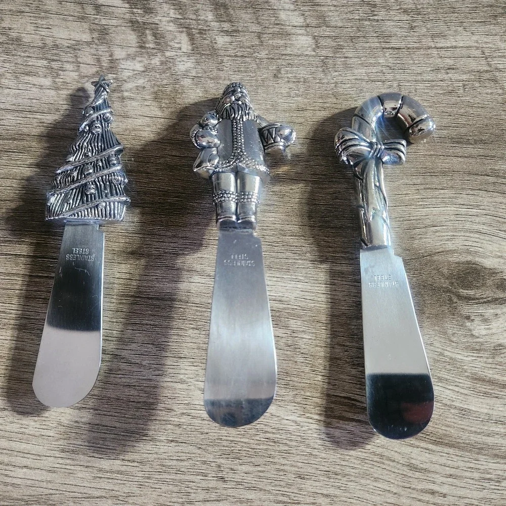Christmas Holiday Cheese Spreader Set 3pc Santa Tree Candy Cane Stainless Steel
